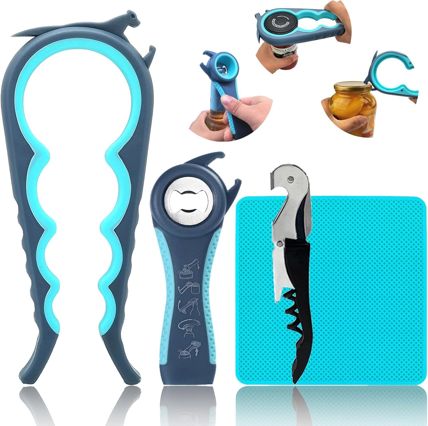 Jar Opener for Weak Hands, Seniors with Arthritis, 5 in 1 Bottle Opener | Multi-use Lid Opener Set with Non-slip Rubber Gripper Pad & Wine Opener, Great for Senior Parents, Grandparents or Loved Ones