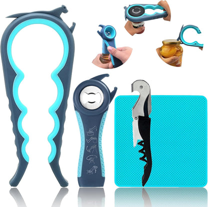 Jar Opener for Weak Hands, Seniors with Arthritis, 5 in 1 Bottle Opener | Multi-use Lid Opener Set with Non-slip Rubber Gripper Pad & Wine Opener, Great for Senior Parents, Grandparents or Loved Ones