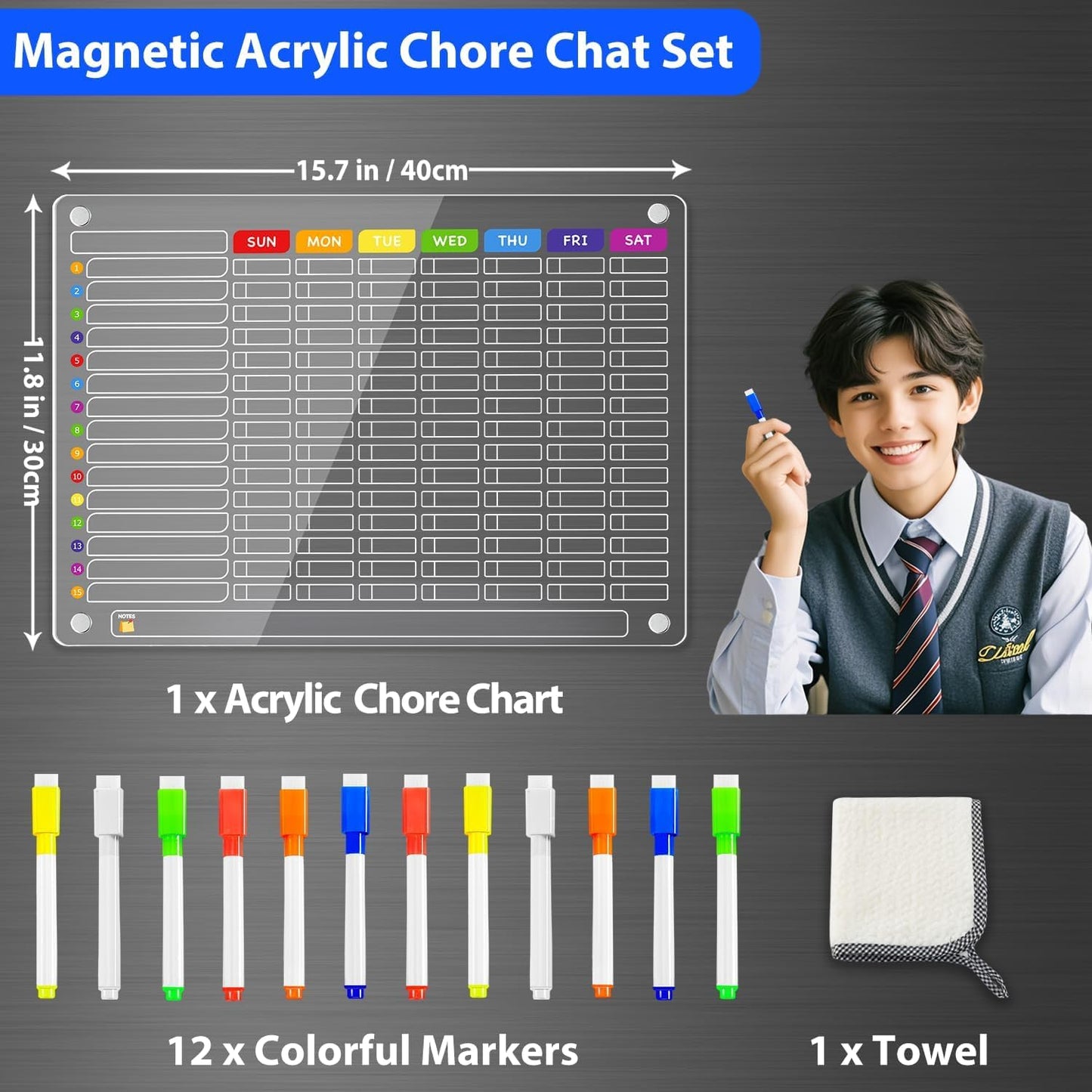 PigPotParty 2-in-1 Acrylic Magnetic Chore Chart for 2 Kids, Large 16x12 in | Clear Dry Erase Fridge Chore Board for Teens, Roommates; Vibrant Layout; Embedded Magnets; 12 Wet-Erase Markers and Towel