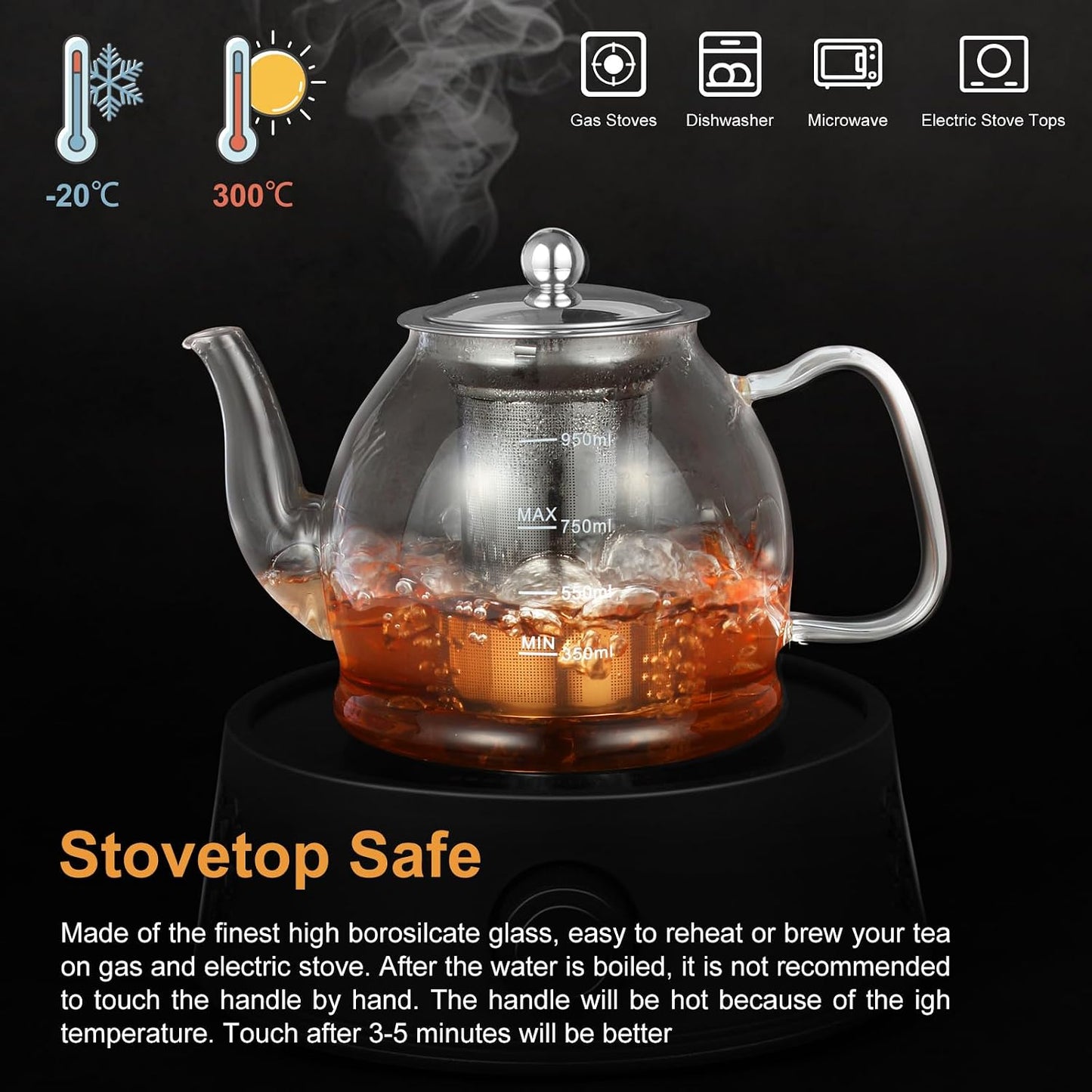 Glass Teapot, 40oz/1200ml Tea Pot with Removable Infuser for Loose Tea | Stovetop Safe Borosilicate Glass Tea Kettle with Strainer and Lid, Hand Crafted Clear Teapot with Scale Line,Tea Brewer Guide