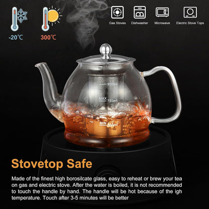 Glass Teapot, 40oz/1200ml Tea Pot with Removable Infuser for Loose Tea | Stovetop Safe Borosilicate Glass Tea Kettle with Strainer and Lid, Hand Crafted Clear Teapot with Scale Line,Tea Brewer Guide