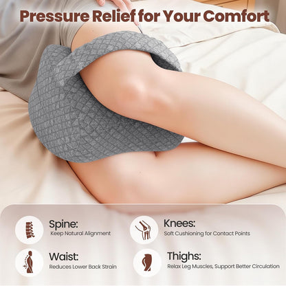 Knee Pillow for Side Sleepers, Supportive Memory Foam Leg Pillow for Side Sleeping with Elastic Strap, Heart-Shape Pillow Between Legs for Pain Relief on Sciatica, Hip Joints, Gray