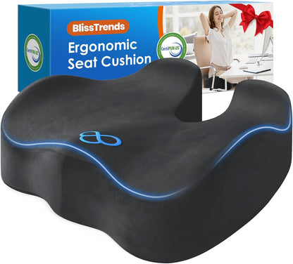 BlissTrends Memory Foam Seat Cushion for Office Chair & Car Seat, Black | 4.7in Ergonomic Tailbone & Sciatica Support with Removable Velvet Cover for Pressure Relief and Long Sitting Comfort