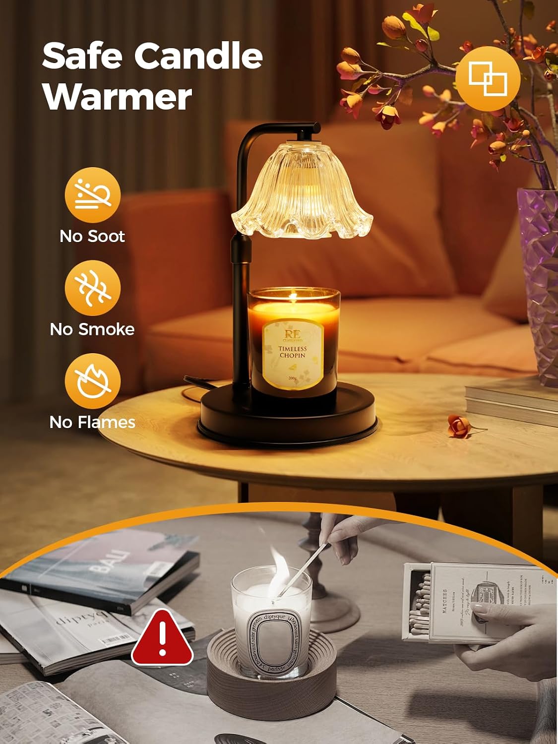 Flower Candle Warmer Lamp with Timer - Adjustable Height for Jar Candles