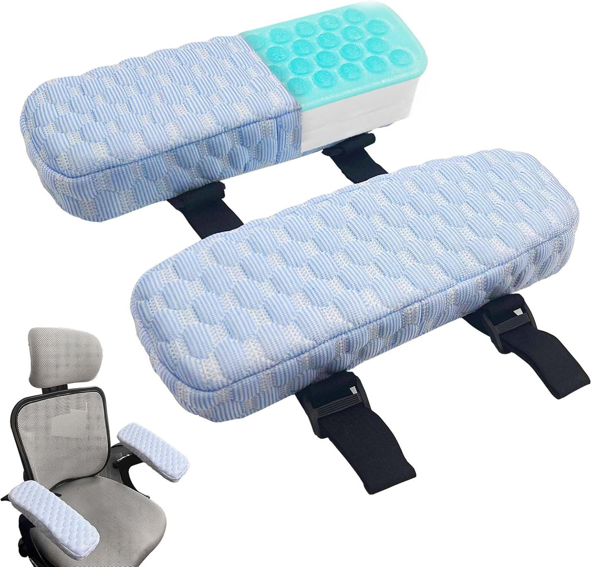 Daily Treasures 2Pcs Blue Cooling Fiber Fabric Chair Arm Rest Pads,Armrest Pads with Memory Foam and Cooling Gel Layer,Anti Slip,Adjustable Length and Removable Washable Arm Rest Pads for Office Chair