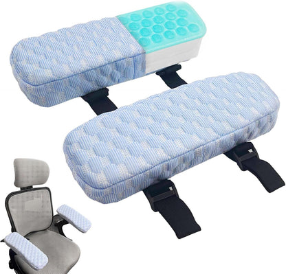 Daily Treasures 2Pcs Blue Cooling Fiber Fabric Chair Arm Rest Pads,Armrest Pads with Memory Foam and Cooling Gel Layer,Anti Slip,Adjustable Length and Removable Washable Arm Rest Pads for Office Chair