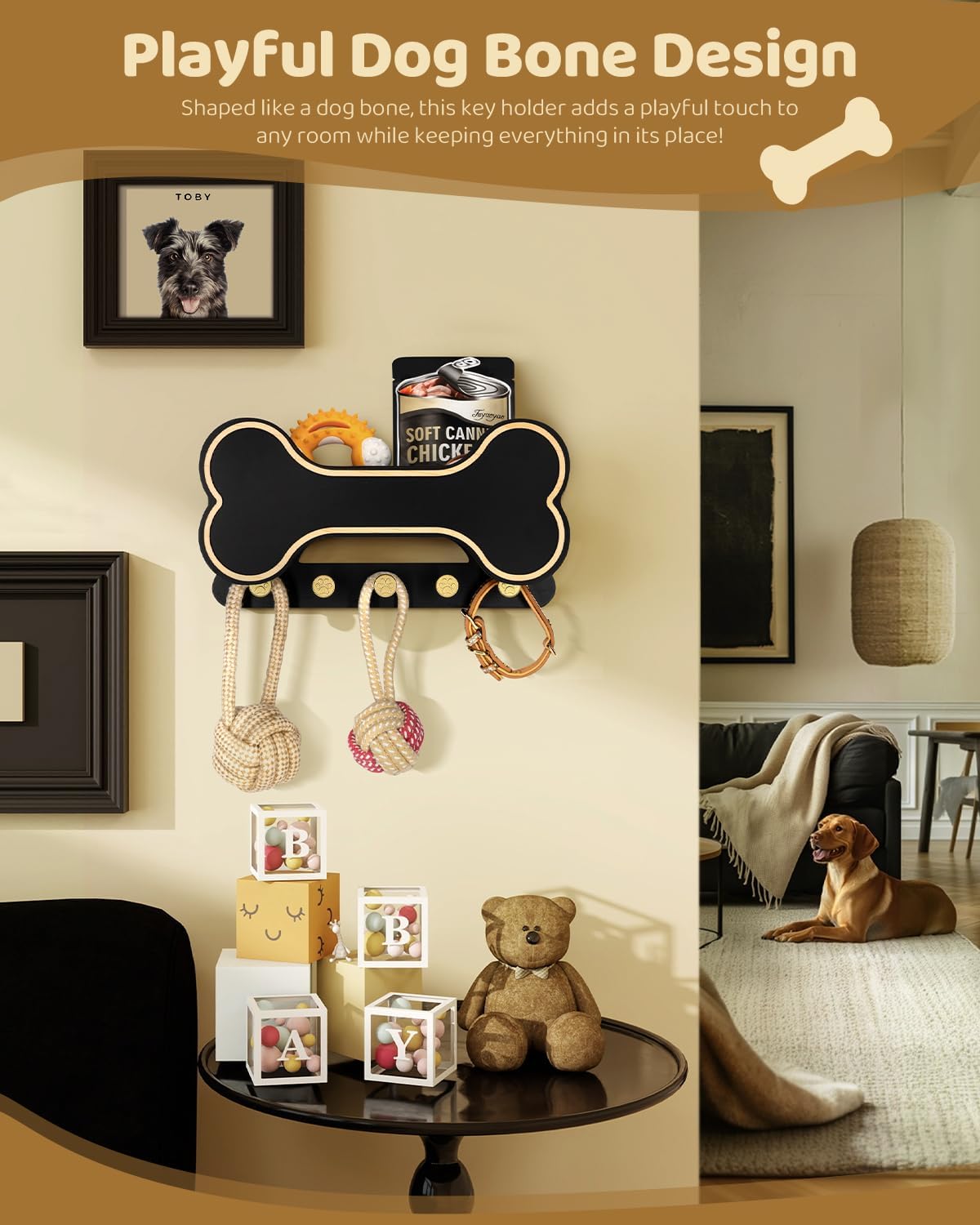 MTERSN Dog Leash Holder for Wall with Key Hooks for Dog Gear Storage, Brown | 3D Puppy Paw Hooks, Doggie Bone Shape, Key Rack with 5 Hooks, Wall Shelf for Treats & Dog Food, Ideal for Wall Decor