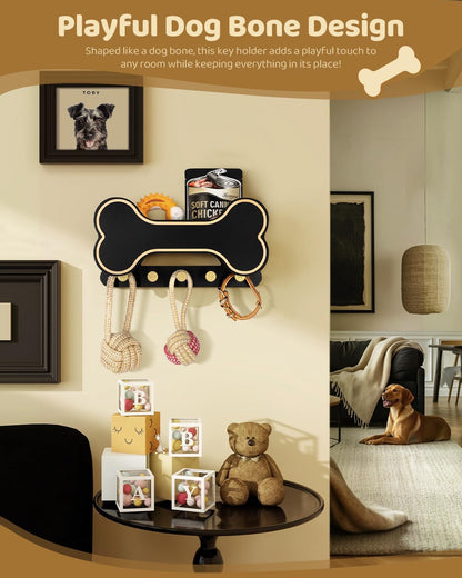 MTERSN Dog Leash Holder for Wall with Key Hooks for Dog Gear Storage, Brown | 3D Puppy Paw Hooks, Doggie Bone Shape, Key Rack with 5 Hooks, Wall Shelf for Treats & Dog Food, Ideal for Wall Decor