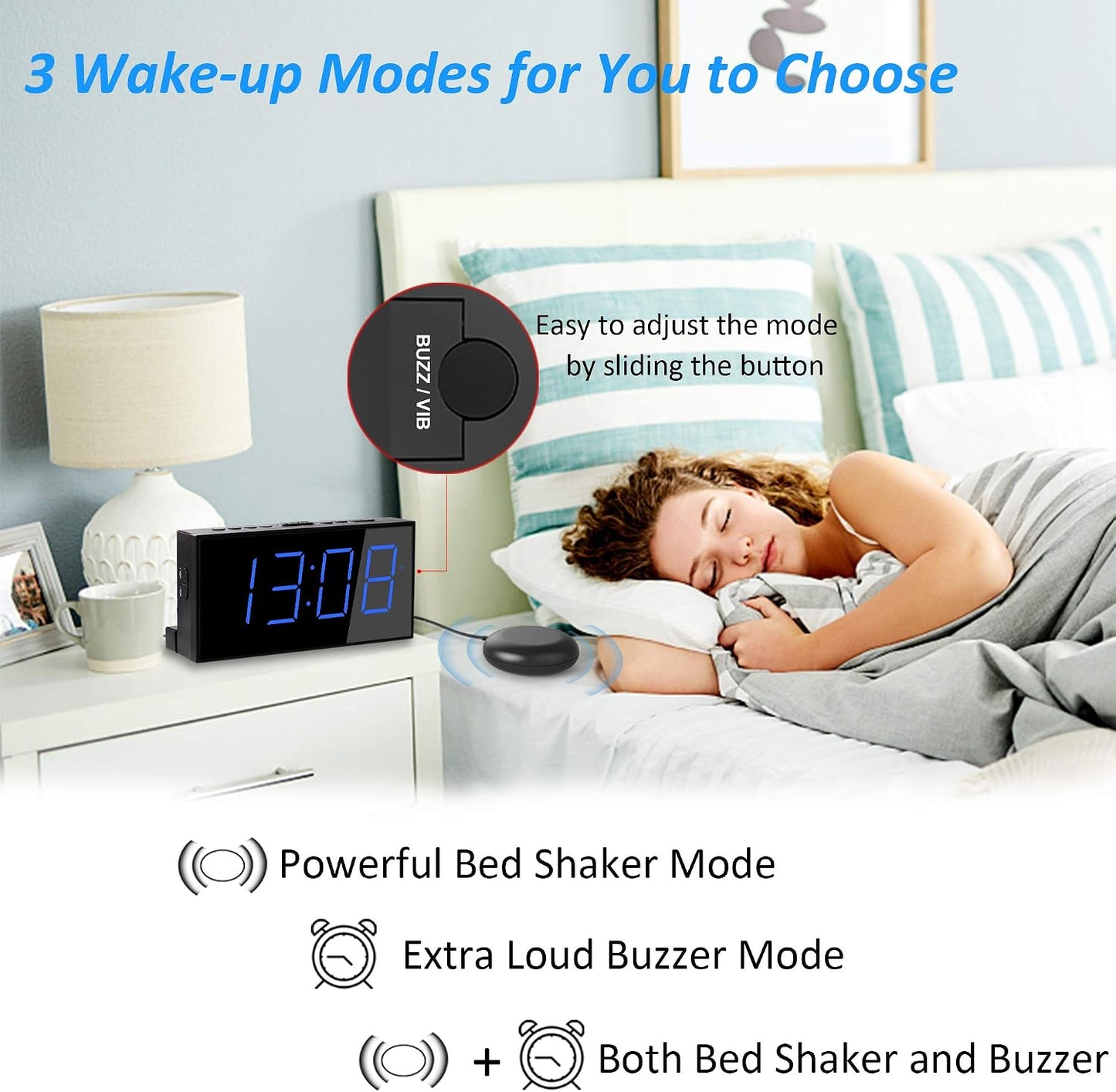 Roxicosly Super Loud Alarm Clock with Bed Shaker,Vibrating Alarm Clock for Heavy Sleepers Hearing Impaired Deaf Teens with USB Charger, Battery Backup,7-Level Brightness&Volume,Snooze,DST
