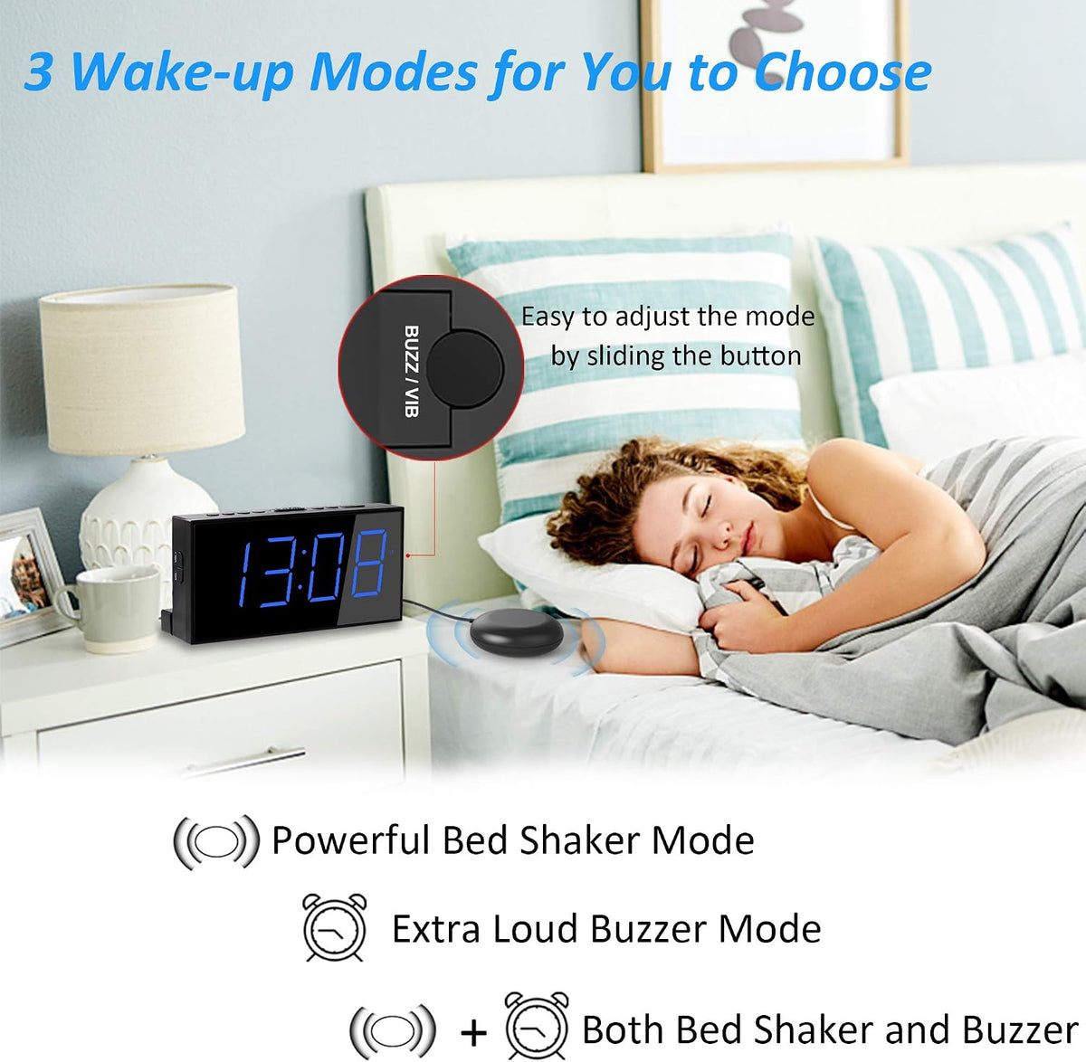 Roxicosly Super Loud Alarm Clock with Bed Shaker,Vibrating Alarm Clock for Heavy Sleepers Hearing Impaired Deaf Teens with USB Charger, Battery Backup,7-Level Brightness&Volume,Snooze,DST