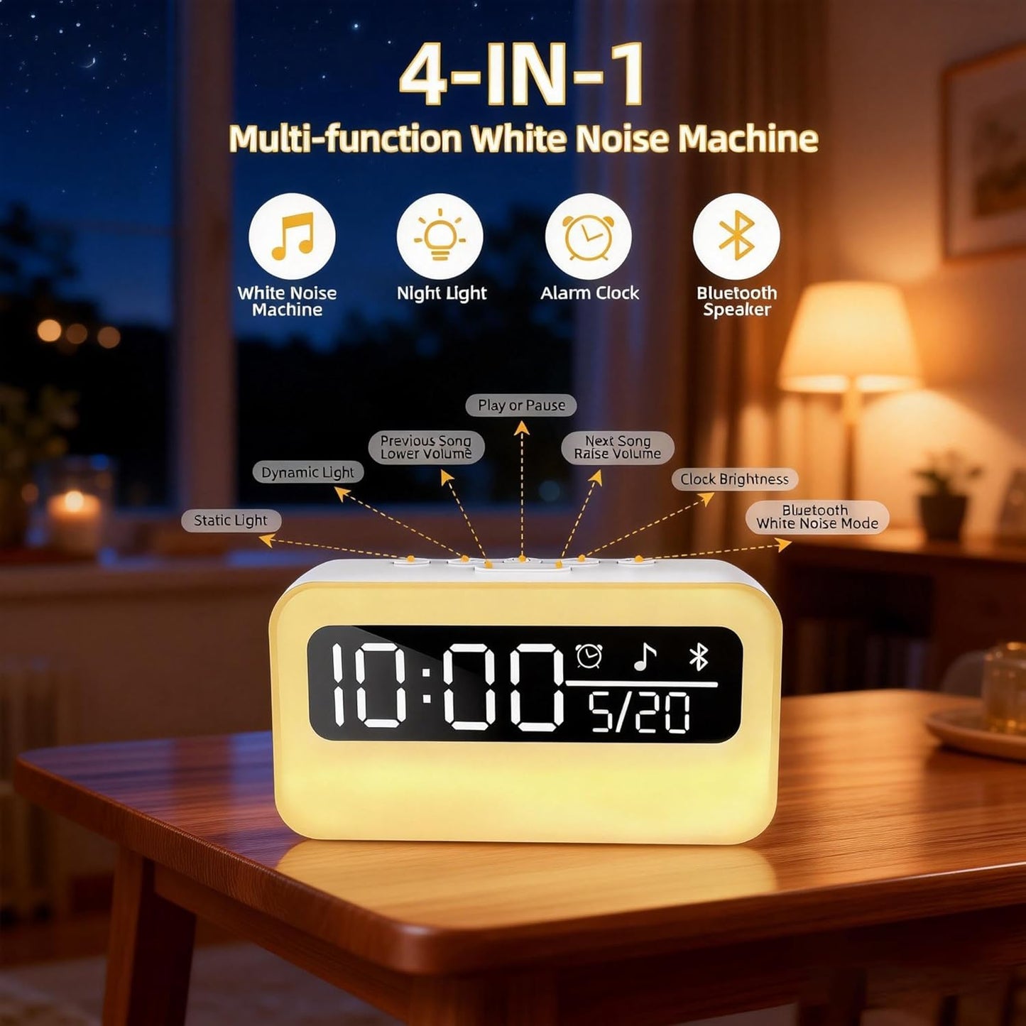 4-in-1 Night Light for Kids Adults, White Noise Sound Machine with 24 Soothing Sounds Portable Rechargeable Adjustable Brightness Light, Bluetooth Speaker Time Display, App Control