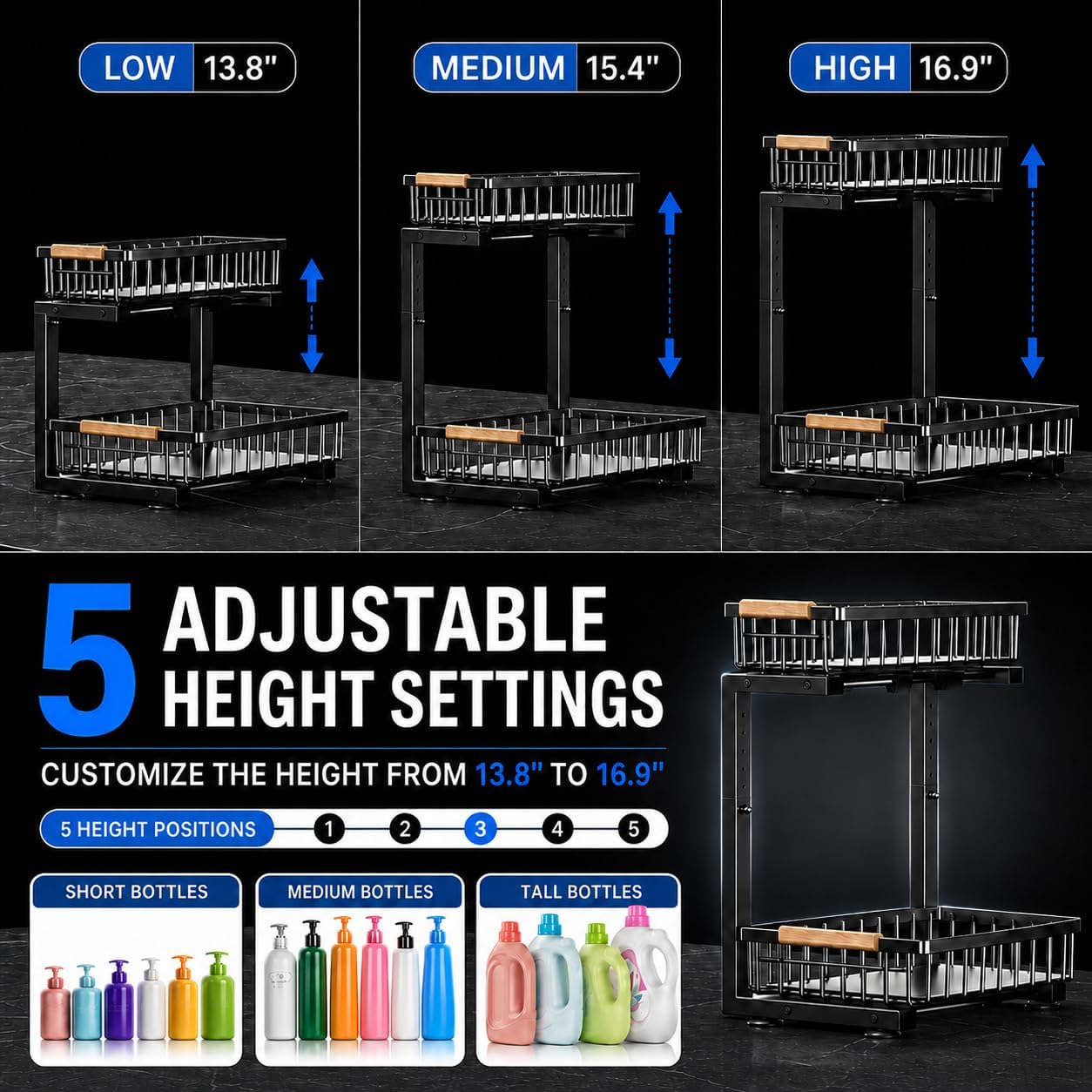 Under Sink Organizer 2 Pack, Double Slide Out Metal Shelf, Black | Pull Out Kitchen Storage Cabinet Organizer, 2-Tier Under Sink Storage Rack for Bathroom Laundry Kitchen Storage with Drawer