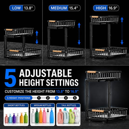 Under Sink Organizer 2 Pack, Double Slide Out Metal Shelf, Black | Pull Out Kitchen Storage Cabinet Organizer, 2-Tier Under Sink Storage Rack for Bathroom Laundry Kitchen Storage with Drawer