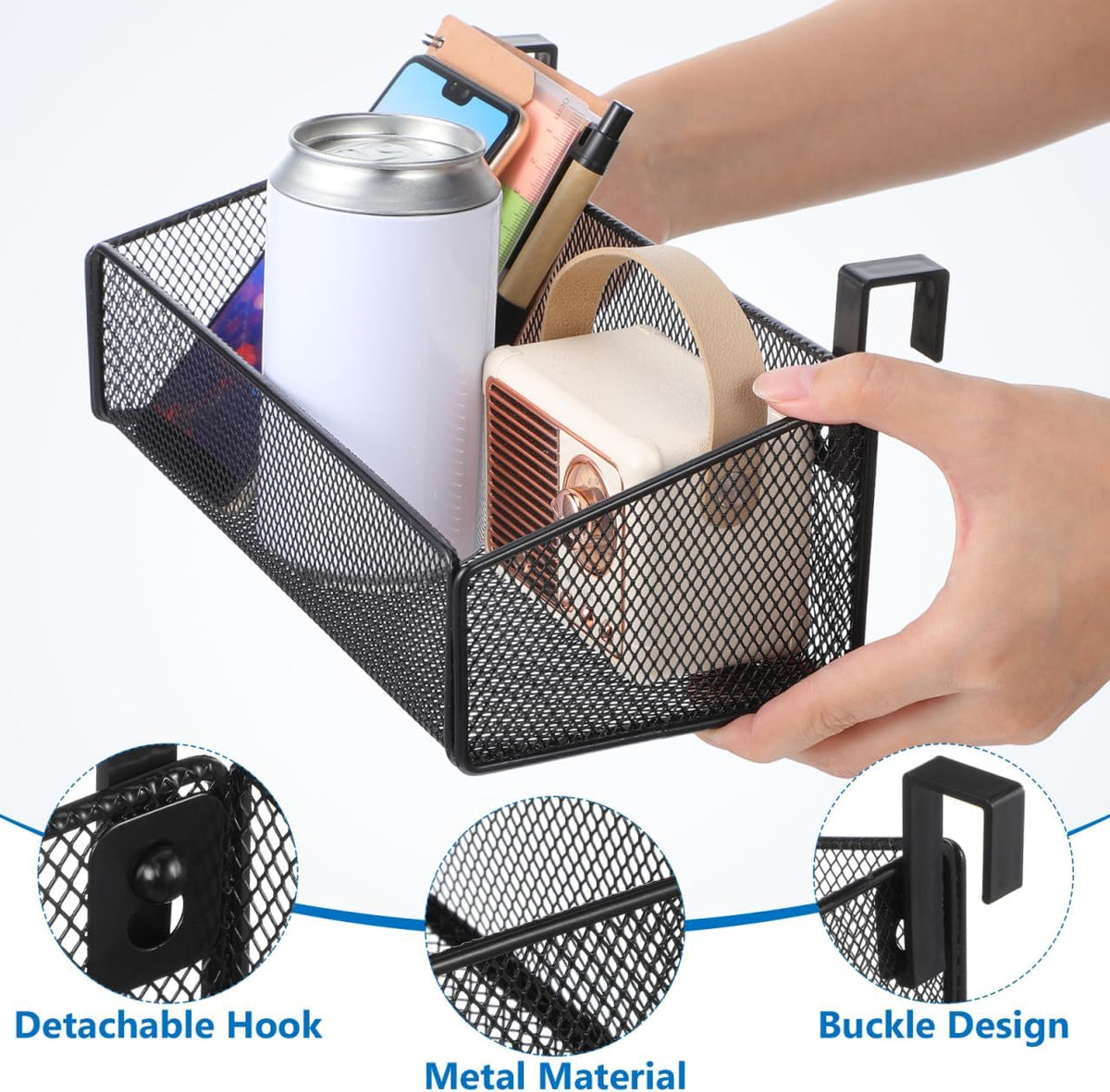 Bedside Hanging Basket, Black Metal Wire Mesh Storage Organizer Caddy, Over The Bunk Bed Headboard Cubicle Shelf Rack for College Dorm Office Desk Phone Book Storage, 10.4 x 4.7 In