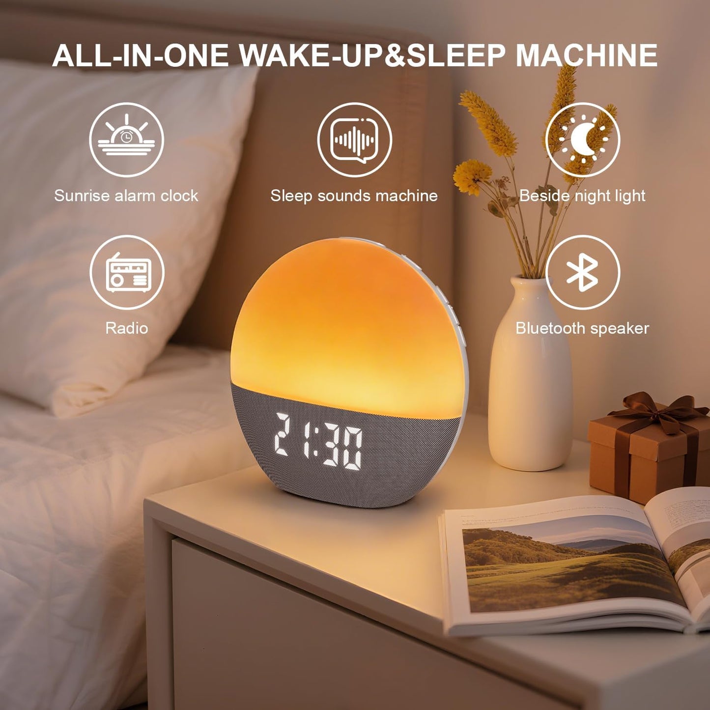winshine Sunrise Alarm Clock with White Noise Sound Machine for Bedrooms | Wake Up Light,24 Sounds, FM Radio, Bluetooth Speaker,Sleep Sound Machine for Heavy Sleepers, Adults