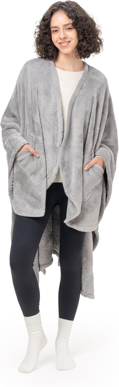 Berkshire Blanket Primalush™ Wearable Blanket, Cozy Loungewear Pocketed Plush Cape Wrap for Adults & Teens(Purple, One Size 58"X64")