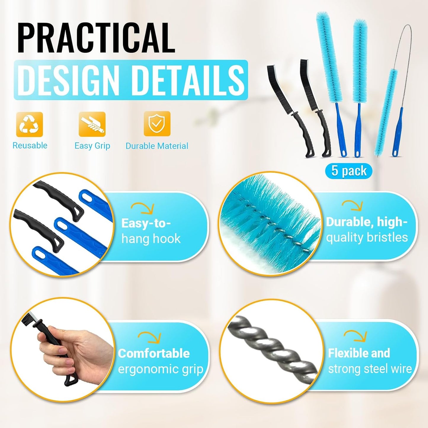 5 Pack Dryer Vent Cleaner Kit, Extra Long Flexible Brushes for Lint, Pet Hair & Dust, Refrigerator Coils, Home Washers, Sinks & Drains