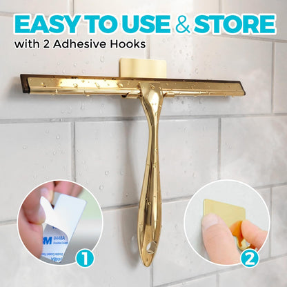 2pcs Shower Squeegee for Glass Doors with Adhesive Hanging Hook Set | 10” Silver, Bathroom Accessories, Window Cleaner, New Home Essentials, Soft Rubber Blade, Metal Handle, Ergonomic Grip