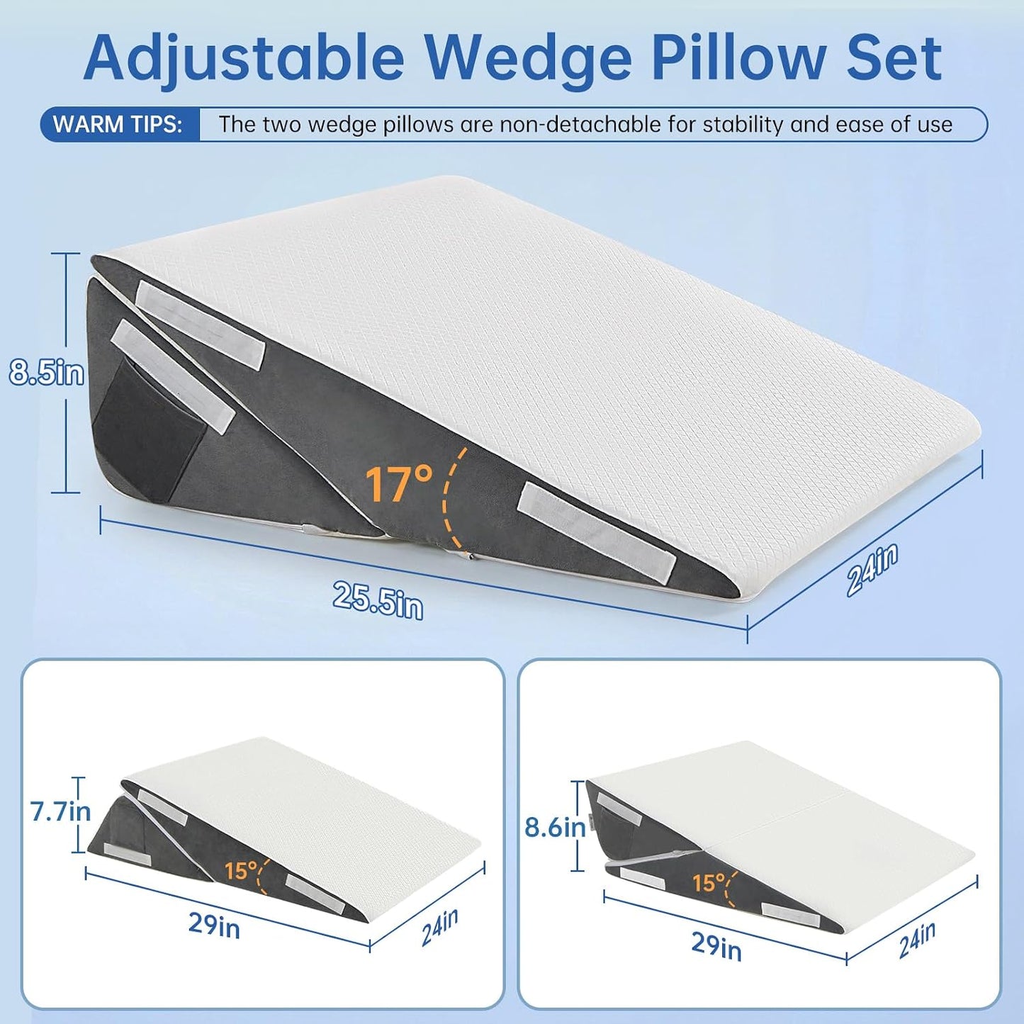 Vekkia 34" Extra-Long Wedge Pillow,7.5" Bed Wedge Pillow for Sleeping,White | Pillow Wedge Back Support for After Surgery, Idea for Acid Reflux,Snoring Relief,Removable Washable Cover&Double Side Pockets