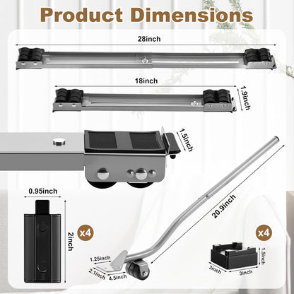 Zonon 2 Sets Appliance Rollers with Furniture Lifter, Heavy Duty Extendable Sliders with 24 Roller Brakes, Holds Up to 660 lb for Washers Dryers, Furniture Moving Tools(Silver,18 to 28 Inches)