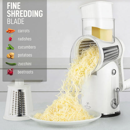 Zulay Kitchen Rotary Cheese Grater 5 Blade Cheese Shredder - Manual Hand Crank Cheese Grater With Reinforced Suction & 5 Interchangeable Drums - Easy to Use, Vegetable Chopper Round Mandoline Slicer - Colors A