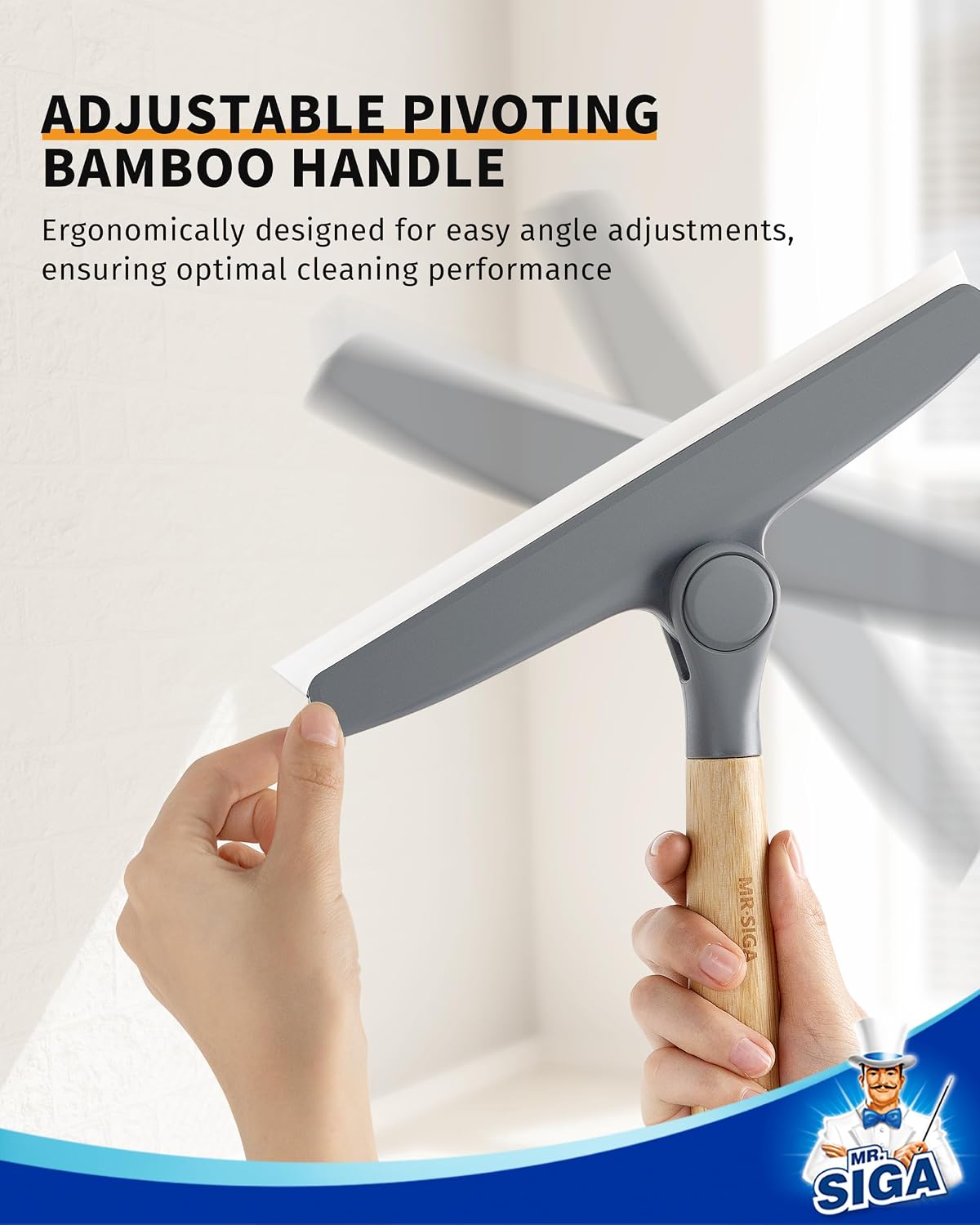 MR.SIGA Silicone Squeegee for Shower Door, Mirror, Glass, 10 inch, White | Streak free shower squeegee for windows, showers and glass surfaces, pivoting bamboo handle, includes 1 suction hook
