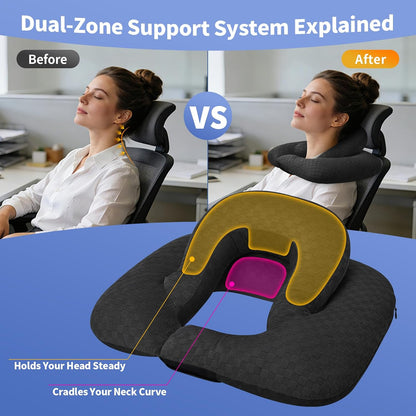 2-Layer Neck Pillow for Office, Recliner & Car -Breathable,Washable | U-Shape, Dual-zone support, 5-in-1 Use: Headrest, Lumbar, Seat Cushion, Travel, 15.7x11.8x6.3 in, 1.3 lbs, Hollow Fiber Fill