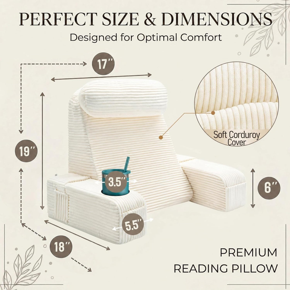 21 INCH Reading Pillow for Adults, Back Pillow for Bed Sitting Up, Backrest Pillow for Sitting in Bed, Detachable Arms with Built-in Cup & Phone Caddy (Gray, 21 INCH)