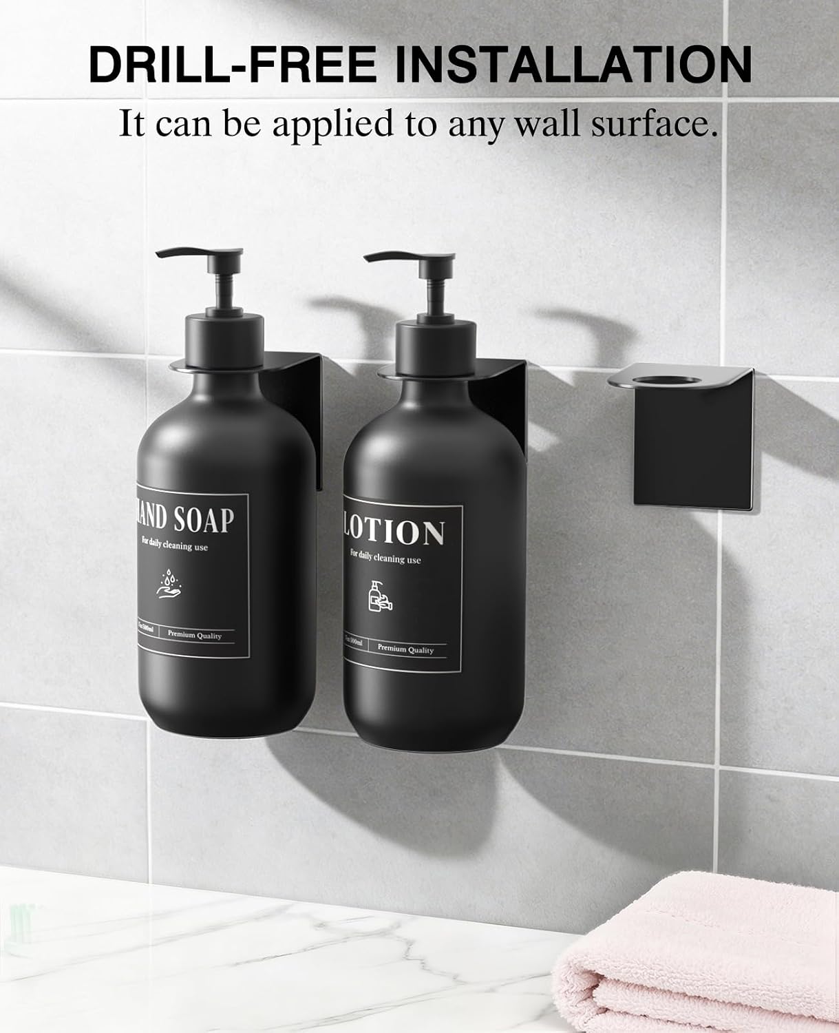 Luxspire 17oz Shampoo and Conditioner Dispenser 3 Sets for Bathroom, Black | Matte PET bottle, no-drill stainless bracket, detachable pump, dual wall/counter install with classification stickers