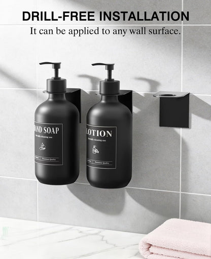 Luxspire 17oz Shampoo and Conditioner Dispenser 3 Sets for Bathroom, Black | Matte PET bottle, no-drill stainless bracket, detachable pump, dual wall/counter install with classification stickers