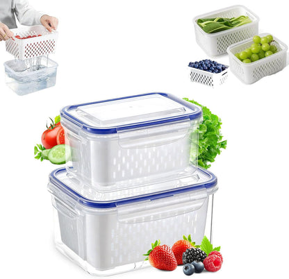 4 in 1 Food Storage Container-2/3 Pack Set with Lids, Fruit Storage Containers for Fridge with Removable Colander,Stackable Fridge Transparent Plastic Storages Box, Dishwasher Safe (Gray, S+M+L)