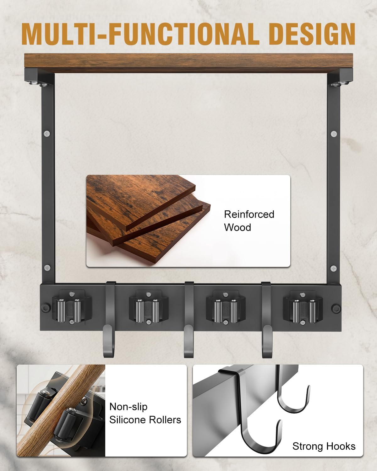 Large Broom Holder Wall Mount with Shelf, Vacuum Organizer, 5 Slots 5 Hooks | Black, 3-In-1 Wall Mount Stores Brooms/Mops/Vacuum, Cleaning Supplies With 5 Grippers/5 Hooks And A Sturdy Wooden Top Shelf