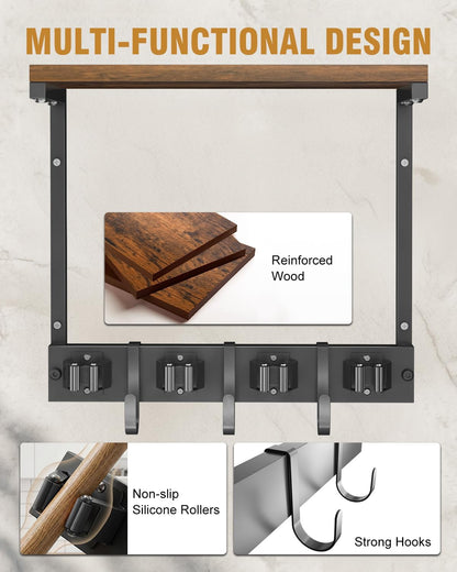 Large Broom Holder Wall Mount with Shelf, Vacuum Organizer, 5 Slots 5 Hooks | Black, 3-In-1 Wall Mount Stores Brooms/Mops/Vacuum, Cleaning Supplies With 5 Grippers/5 Hooks And A Sturdy Wooden Top Shelf