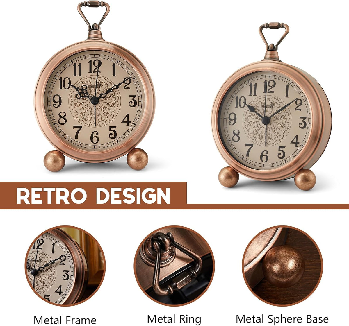 FLOITTUY 4.5" Battery Operated Antique Retro Analog Metal Alarm Clock, Silent Bedside Desk Clock, Wall-Hanging Vintage Clock(Exquisite Bronze)