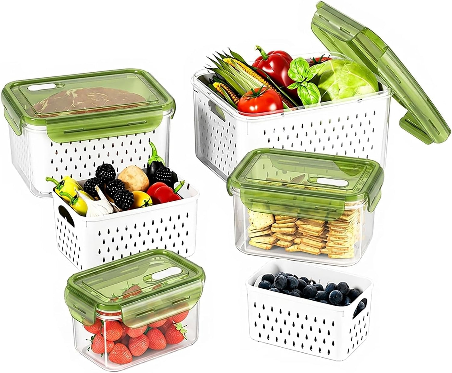 Fruit Storage Containers for Fridge with Removable Colander, Food Storage Containers with Lids, Dishwasher & Microwave Safe, Keep Berry Fruit Vegetable Meat Fresh Longer (Clear Body/Clear Lid)