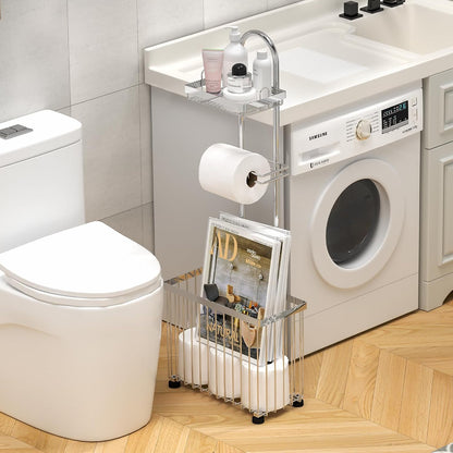 Freestanding Toilet Paper Holder Toilet Tissue Rack Scroll Stand Roll Dispenser with Storage Shelf Reserve for Phone Tablet Magazine Bathroom Organizer Bath Tissue Organizer (Silver)