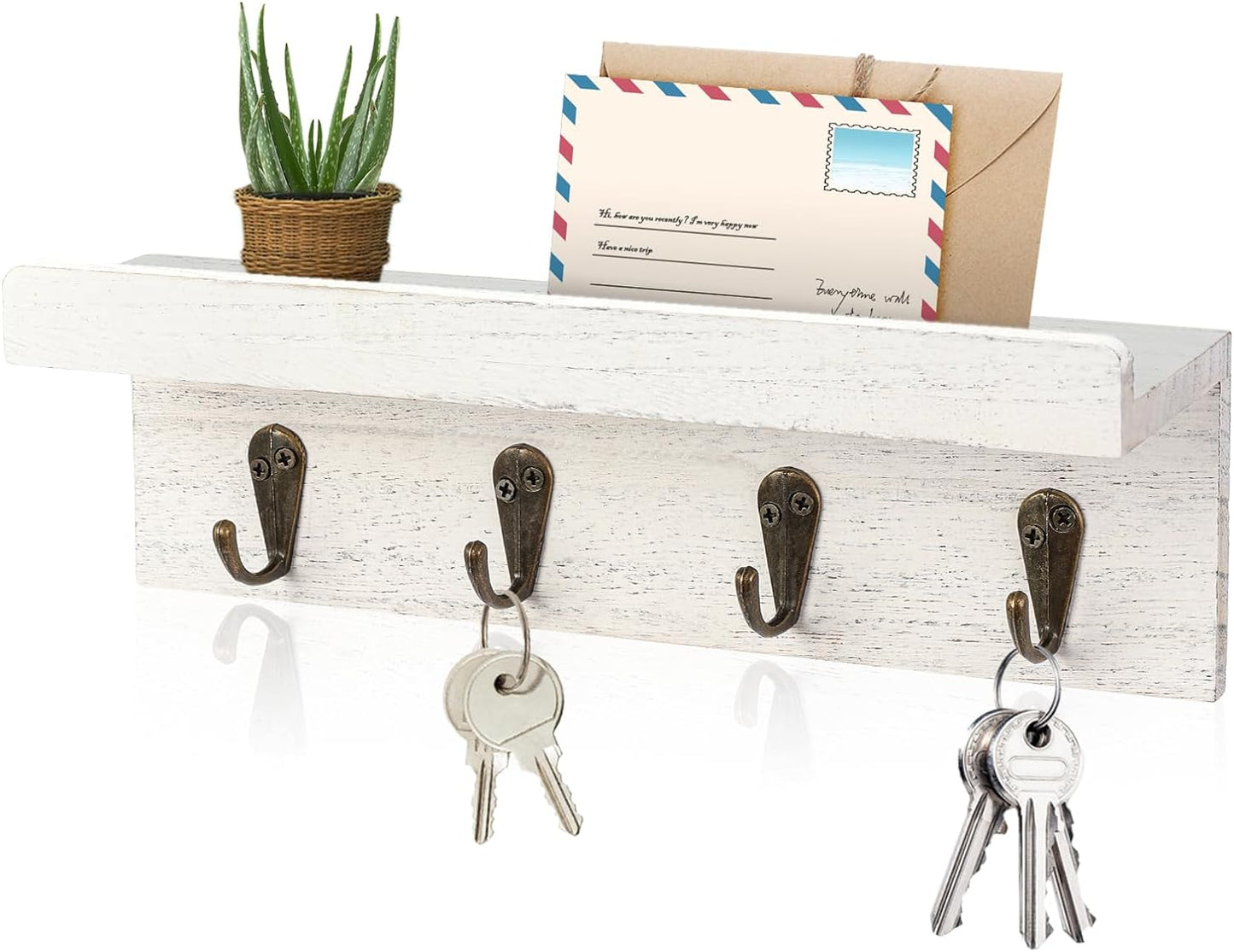 HRONRAD Rustic Key Holder for Wall, Farmhouse Wall Shelf with 4 Hooks, Wall Mounted Key Racks, Wooden Mail Organizer with Hooks for Entryway (Brown - Pine)