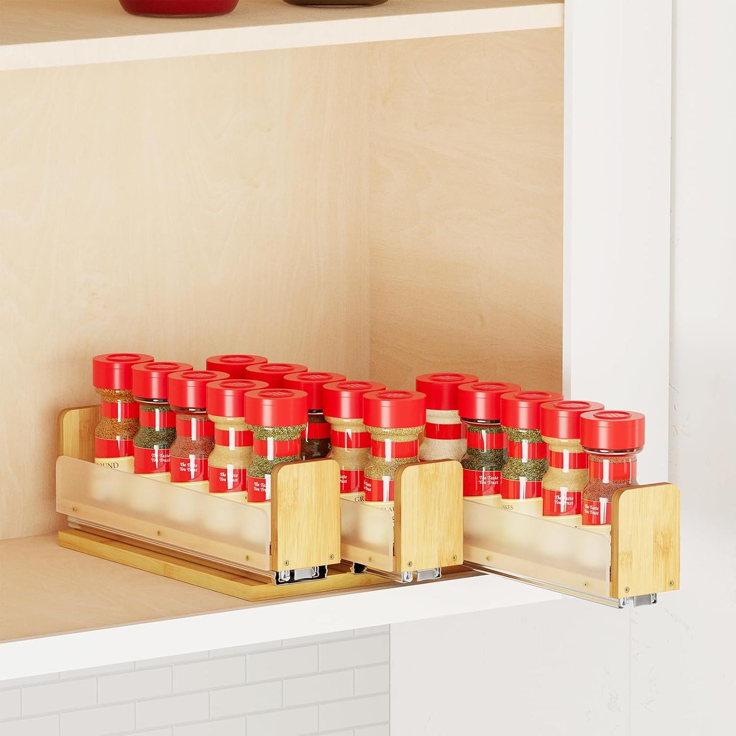 SpaceAid Bamboo Pull Out Spice Rack Organizer for Cabinet, Heavy Duty Slide Out Seasoning Kitchen Pantry Sliding Vertical Organization, 7.6" Wide, 3 Drawers(2" Wide), 2-Tier, Natural