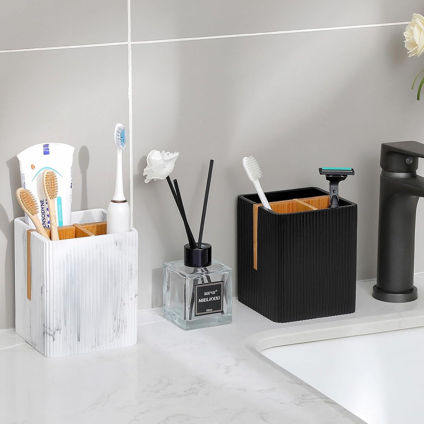 Toothbrush Holders for Bathroom, Bamboo Electric Toothbrush Stand, White | Toothbrush and Toothpaste Organizer for Sink Countertop, Bathroom Storage Stand for Brushing Accessories