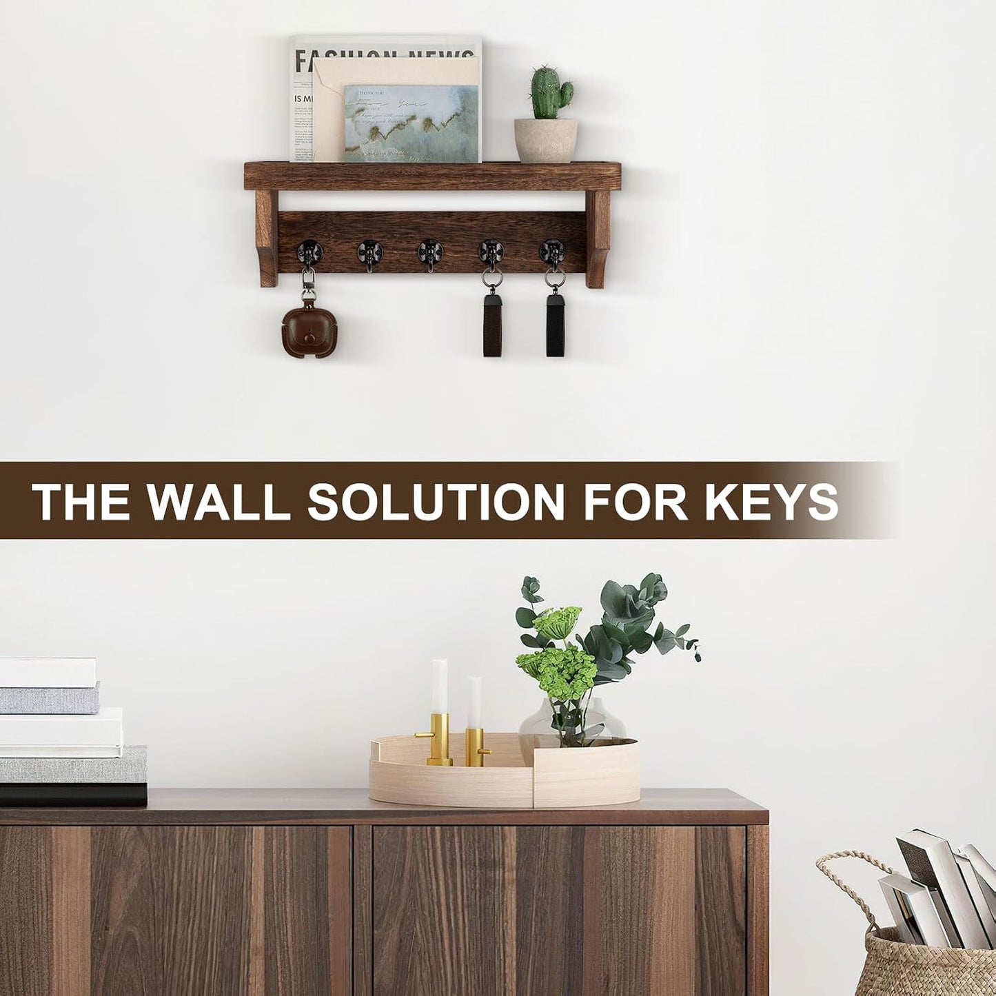 Key and Mail Holder Wall Mount, Mail Organizer with 5 Key Hooks | Key Holder with Shelf, Key Holder for Coat, Dog Leash, Home Decor Rack, Entry Way Organizer