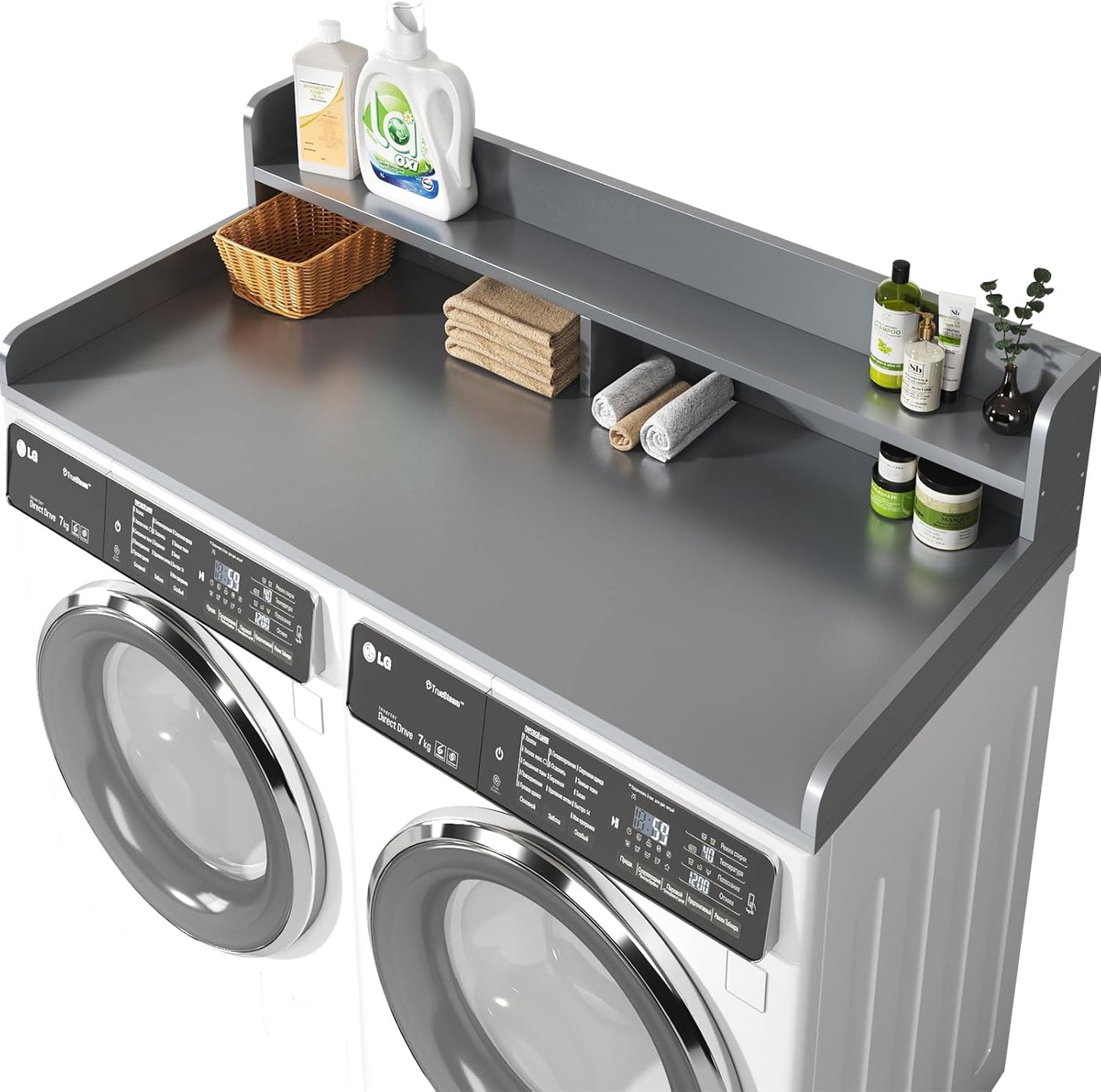 2-Tier Washer and Dryer Countertop with 2.75" H Guard,54" W x 27.5" D Laundry Countertop Cover with Non-Slip Pad,Large Space Laundry Topper for Folding Clothes Over Washer and Dryer-White