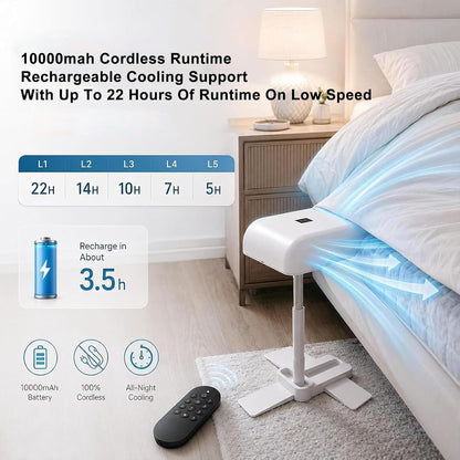 Bed Cooling Fan, Under Sheet Bed Cooling System With Adjustable Fan Speed, With 5 Speeds & Remote Control, Adjustable Height, 10000mah Rechargeable, For Hot Sleepers, Fits All Mattress Heights