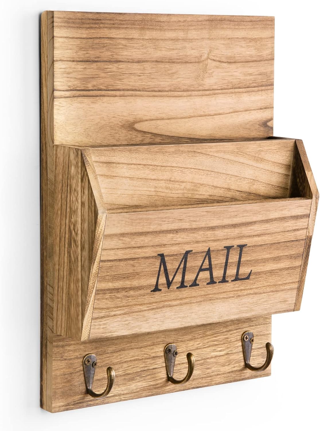 DLQuarts Solid Wood Mail Organizer with Key Holder for Wall, Mail Sorter Wall Mounted, Decorative Wooden Key and Mail Holder with 3 Hooks, White