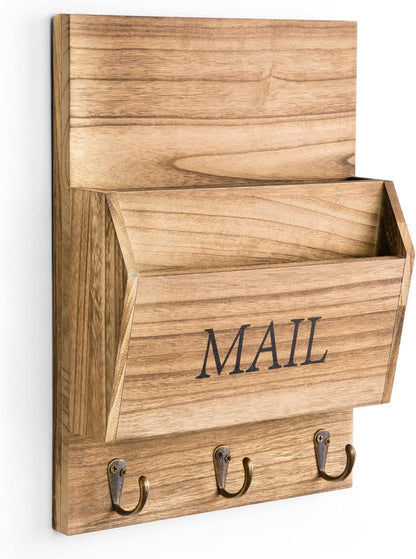 DLQuarts Solid Wood Mail Organizer with Key Holder for Wall, Mail Sorter Wall Mounted, Decorative Wooden Key and Mail Holder with 3 Hooks, White