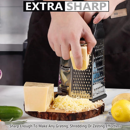 Box Grater, Cheese Grater Shredder Stainless Steel with 6 Sides, Best for Parmesan Cheese, Vegetables, Potatoes, Carrot, Ginger, Mandoline Vegetable Slicer with Detachable Container, Silver