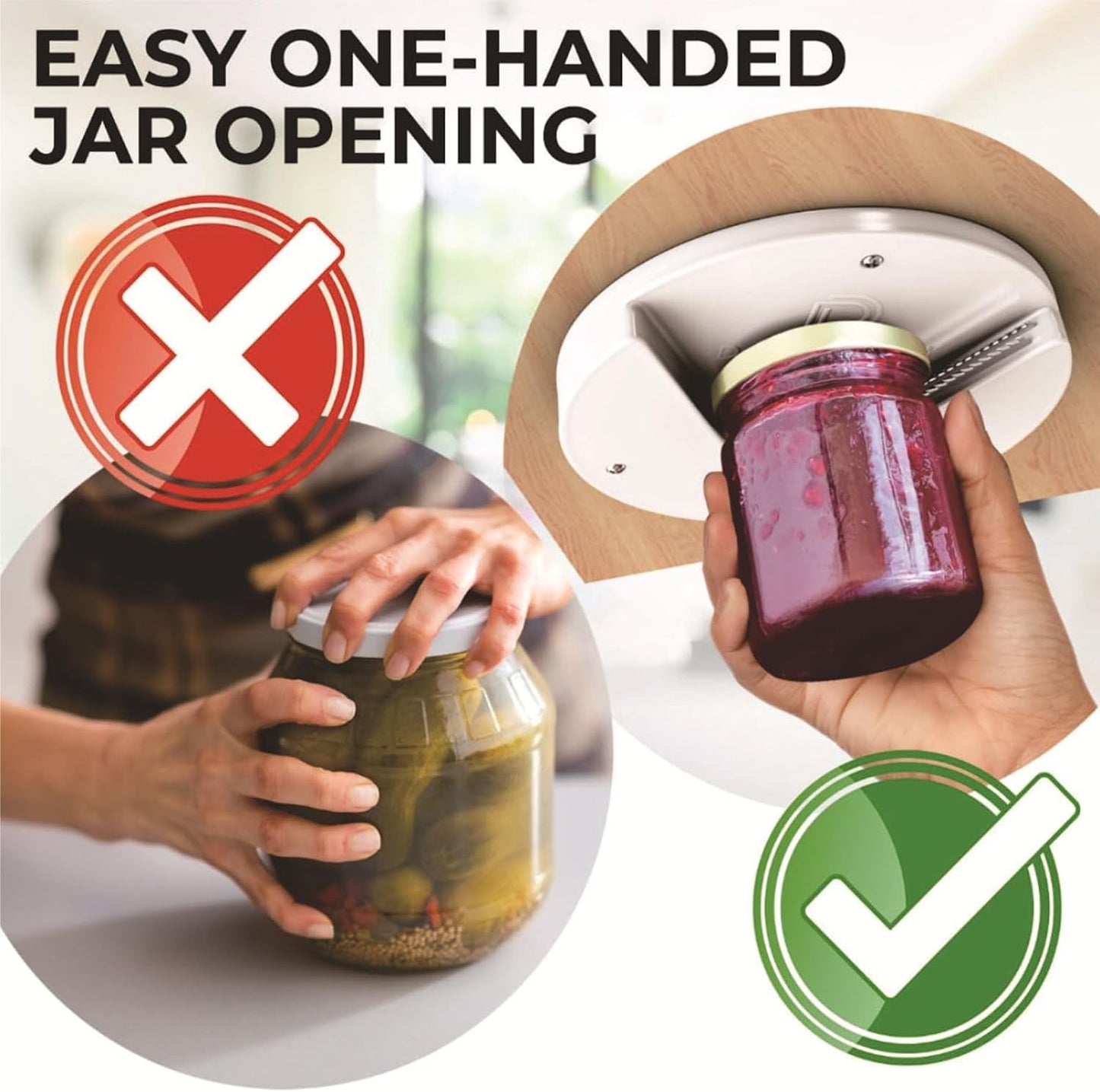 Under Cabinet Jar Opener for Seniors & Arthritis | One-Hand Operation, Auto-Fits 0.6-4.7"