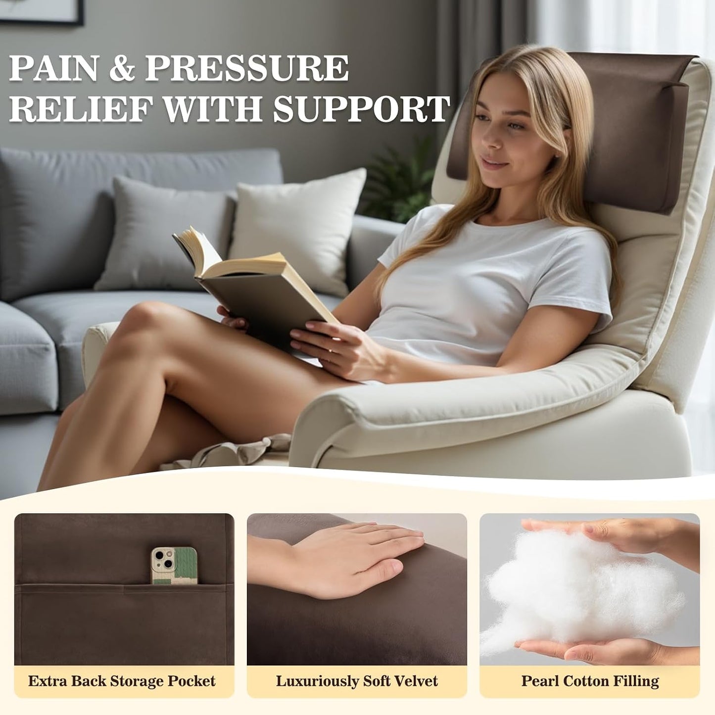 Recliner Headrest Pillow, Adjustable Comfort Neck & Head Support Pillow | Soft Velvet, Weighted Non-Slip Flap, Adjustable Filling, Washable Cover, for Recliners, Sofas, Office Chairs