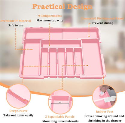 Large Silverware Drawer Organizer Expandable Kitchen Utensil Organizer BPA Free Flatware Cutlery Holder Tray Adjustable Plastic Drawer Divider Storage for Forks Knives 6-9 Slots White