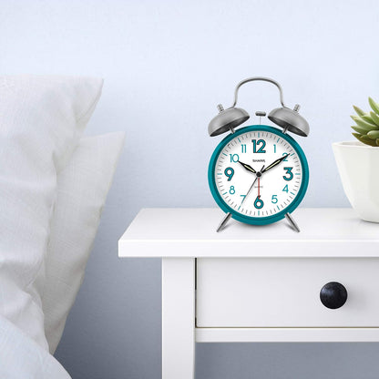 Sharp 4-Inch Twin Bell Alarm Clock for Heavy Sleepers (Matte Navy) | Extra-loud metal bell alarm, quiet quartz movement, press-button backlight, rustic bronze accents, battery operated