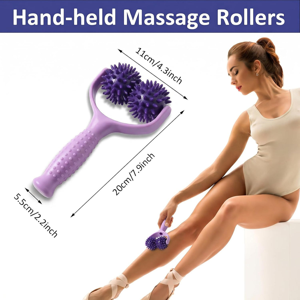 Handheld Spiky Massage Balls Rollers, 2 Wheel Spiky Massage Ball Rollers Silicone Manual Massage Roller with Handle Pressure Point Muscle Massage Tool for Foot Arm Body Neck Leg Pain Pressure Relief